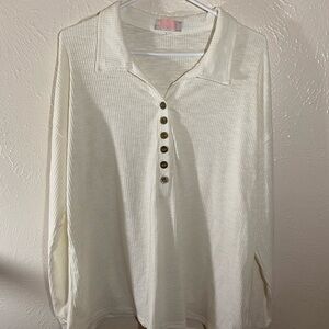 Ribbed Long Sleeve Henley Collared Top - Cream